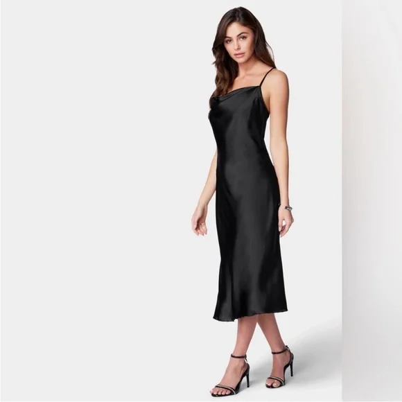 knee length dresses for ladies Satin Black Halterneck Midi Dress main image 1